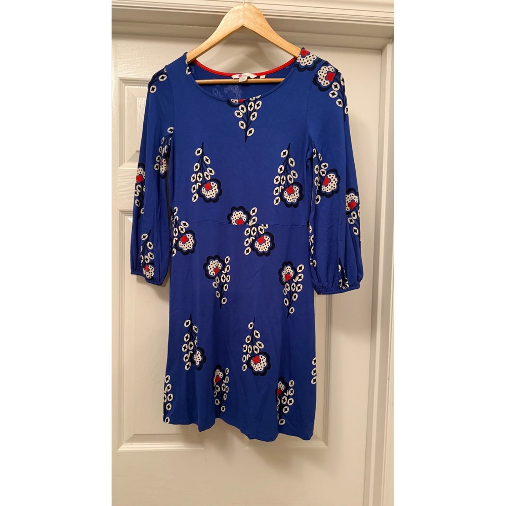 Boden Dress Women 4R Blue Floral 3/4 Sleeve Jersey Scoop Neck Keyhole A-Line